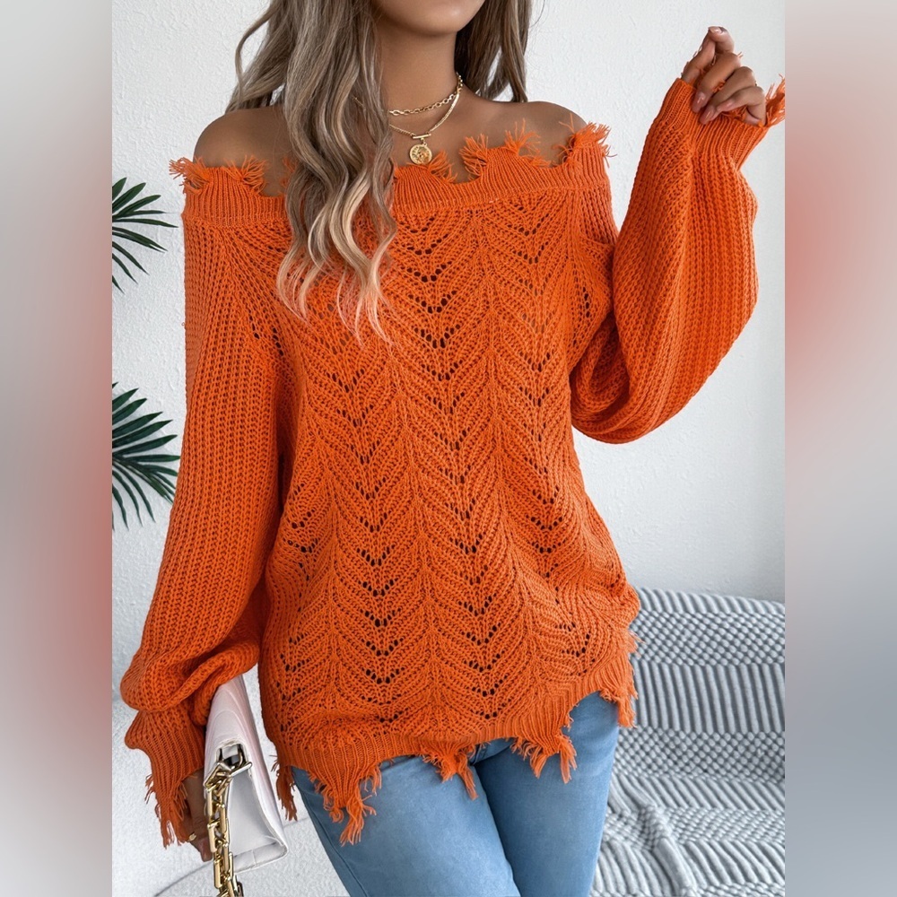 Distressed Hem Openwork Off-Shoulder Sweater